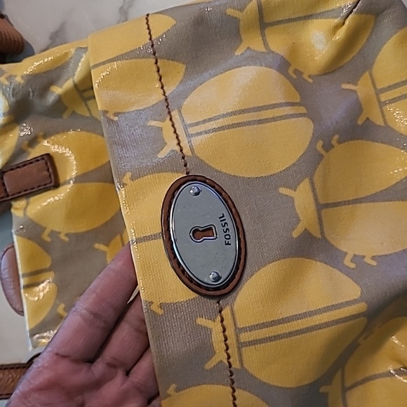 Fossil Key-Per Yellow Tan Ladybugs Coated Canvas Leather Top Handles Crossbody - Picture 5 of 15